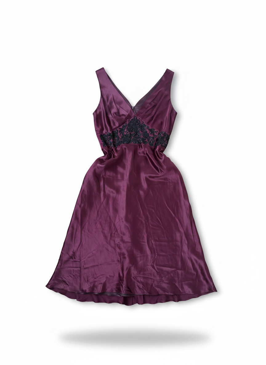 Deep Wine Satin V-Neck Cocktail Dress with Black Lace Waist Detail